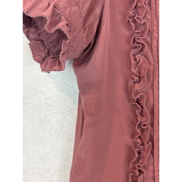 Y2K Ruffle Button Up Blouse Womens S Short Puff Sleeves Mauve Mandarin Collar - Picture 12 of 13